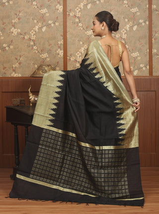 Black & Antique Gold Chhattisgarh Raw Silk Saree with Bold Temple Borders