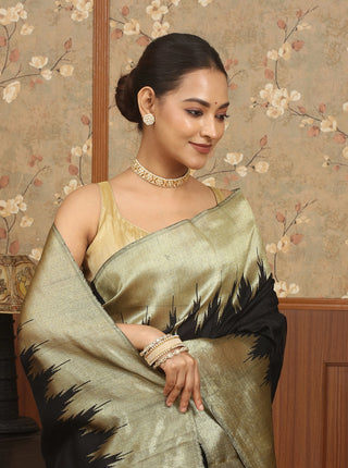 Black & Antique Gold Chhattisgarh Raw Silk Saree with Bold Temple Borders