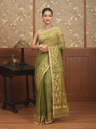 Olive Green Pure Cotton Bangladeshi Dhakai Jamdani Saree