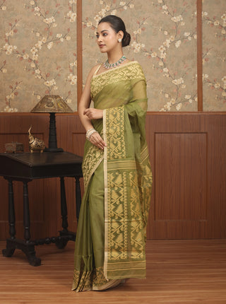 Olive Green Pure Cotton Bangladeshi Dhakai Jamdani Saree