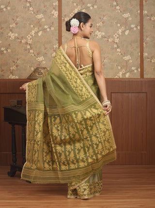 Olive Green Pure Cotton Bangladeshi Dhakai Jamdani Saree