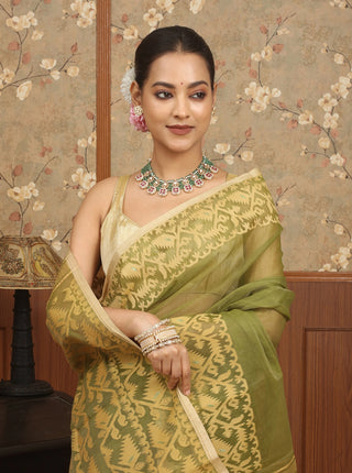 Olive Green Pure Cotton Bangladeshi Dhakai Jamdani Saree