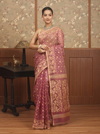 Dusty Rose Pure Cotton Bangladeshi Dhakai Jamdani Saree