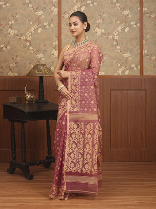 Dusty Rose Pure Cotton Bangladeshi Dhakai Jamdani Saree