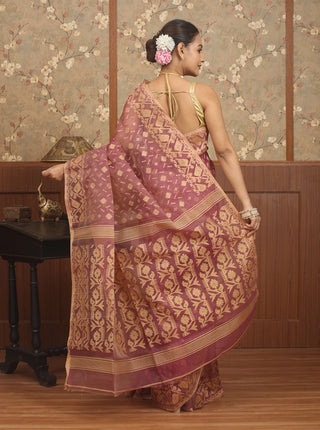 Dusty Rose Pure Cotton Bangladeshi Dhakai Jamdani Saree