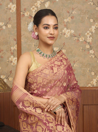 Dusty Rose Pure Cotton Bangladeshi Dhakai Jamdani Saree