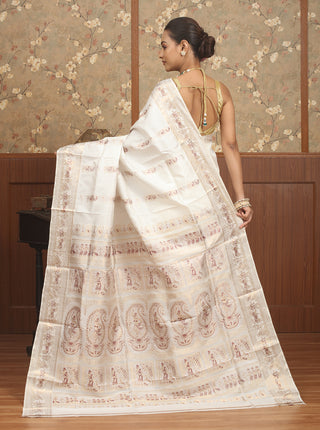 White Swarnachari Silk Saree with Traditional Figurative Weaves