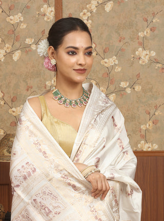 White Swarnachari Silk Saree with Traditional Figurative Weaves