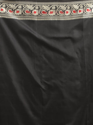 Black Baluchari Silk Saree with Silverish White & Red Resham Motifs