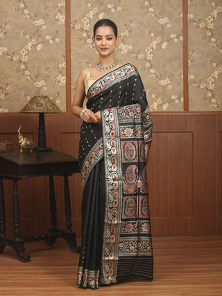 Black Baluchari Silk Saree with Silverish White & Red Resham Motifs