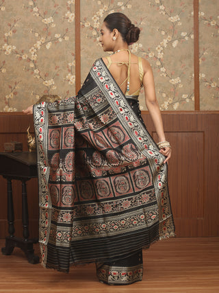 Black Baluchari Silk Saree with Silverish White & Red Resham Motifs