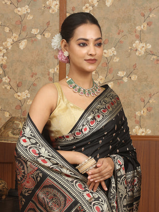 Black Baluchari Silk Saree with Silverish White & Red Resham Motifs