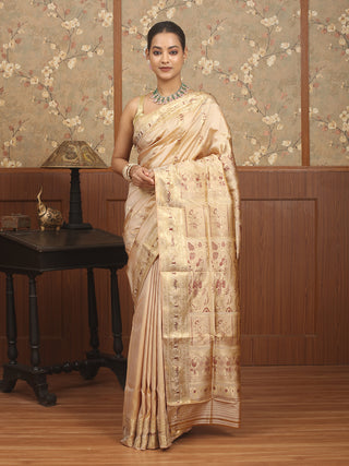 Golden Beige Swarnachari Silk Saree with Mythological Panels