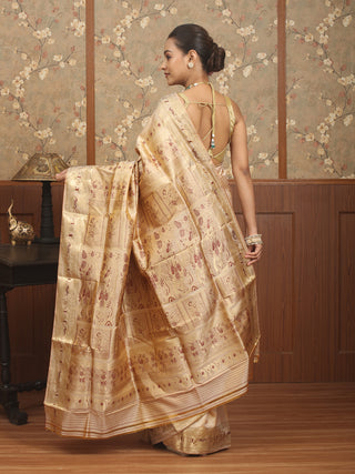 Golden Beige Swarnachari Silk Saree with Mythological Panels