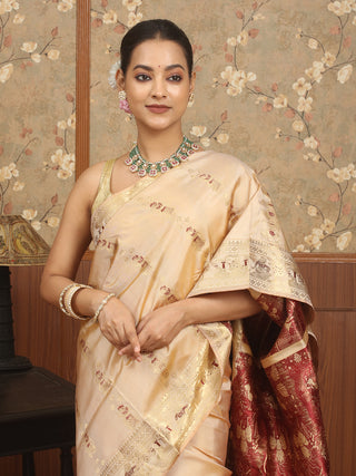 Golden Beige Swarnachari Silk Saree with Mythological Panels