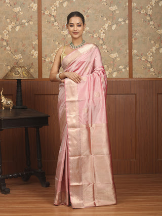 Soft Rose Pink Pure Bishnupuri Katan Silk Swarnachari Saree