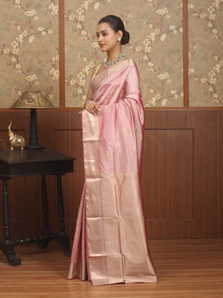 Soft Rose Pink Pure Bishnupuri Katan Silk Swarnachari Saree