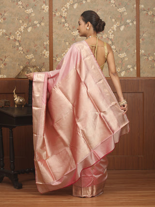 Soft Rose Pink Pure Bishnupuri Katan Silk Swarnachari Saree