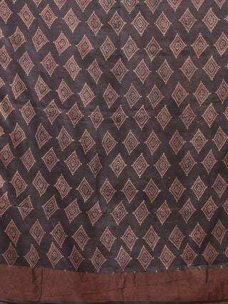 Brown & Black Designer Tussar Silk Saree – Ajrakh, Kantha & Gujarati Embroidery Fusion