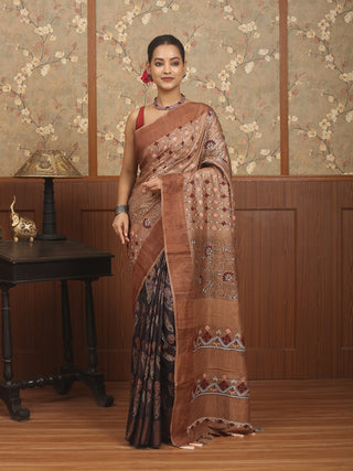 Brown & Black Designer Tussar Silk Saree – Ajrakh, Kantha & Gujarati Embroidery Fusion