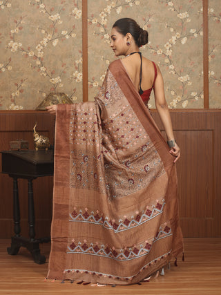 Brown & Black Designer Tussar Silk Saree – Ajrakh, Kantha & Gujarati Embroidery Fusion