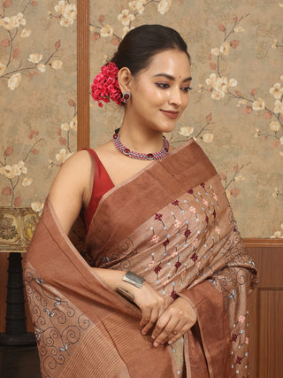 Brown & Black Designer Tussar Silk Saree – Ajrakh, Kantha & Gujarati Embroidery Fusion