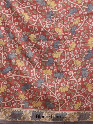 Slate Grey Pure Tussar Silk Saree with Hand-Painted Srikalahasti Pen Kalamkari