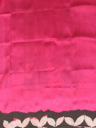 Black Bishnupur Katan Silk Saree with Hand Batik depicting a Rose Garden