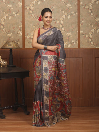 Slate Grey Pure Tussar Silk Saree with Hand-Painted Srikalahasti Pen Kalamkari