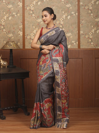 Slate Grey Pure Tussar Silk Saree with Hand-Painted Srikalahasti Pen Kalamkari