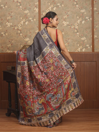 Slate Grey Pure Tussar Silk Saree with Hand-Painted Srikalahasti Pen Kalamkari
