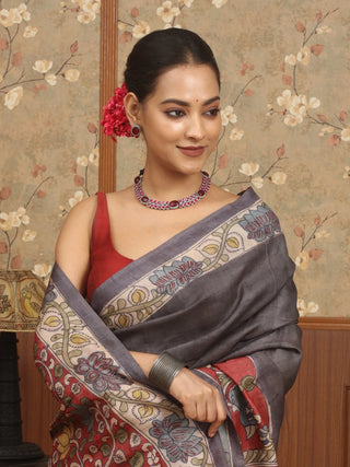 Slate Grey Pure Tussar Silk Saree with Hand-Painted Srikalahasti Pen Kalamkari