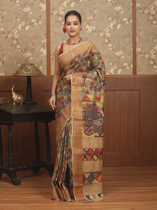 Natural Beige Pure Tussar Silk Saree with Hand-Painted Srikalahasti Pen Kalamkari