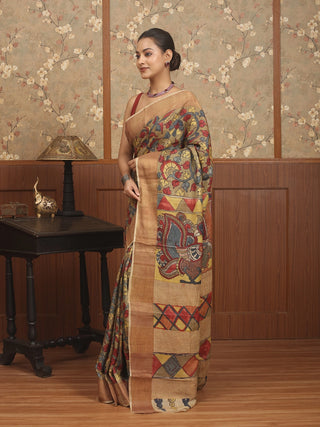 Natural Beige Pure Tussar Silk Saree with Hand-Painted Srikalahasti Pen Kalamkari