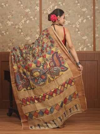 Natural Beige Pure Tussar Silk Saree with Hand-Painted Srikalahasti Pen Kalamkari