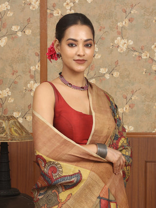 Natural Beige Pure Tussar Silk Saree with Hand-Painted Srikalahasti Pen Kalamkari