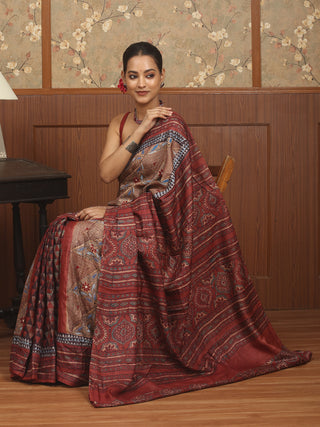 Maroon and Brown Designer Tussar Silk Saree – Ajrakh Motifs with Embroidery Accents