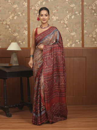 Maroon and Brown Designer Tussar Silk Saree – Ajrakh Motifs with Embroidery Accents