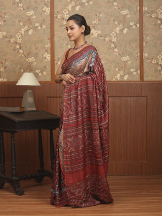 Maroon and Brown Designer Tussar Silk Saree – Ajrakh Motifs with Embroidery Accents