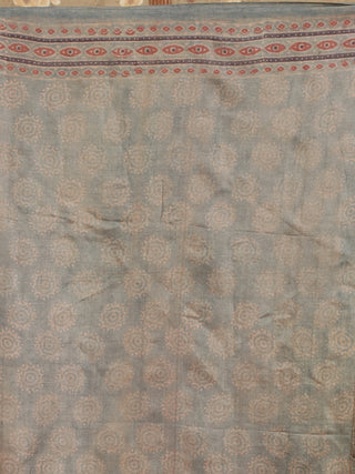 Brown and Indigo Designer Tussar Silk Saree – Geometric Ajrakh & Gujarati Embroidery