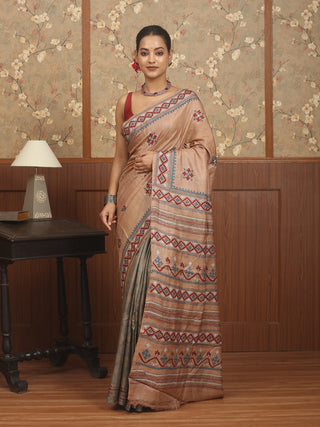 Brown and Indigo Designer Tussar Silk Saree – Geometric Ajrakh & Gujarati Embroidery