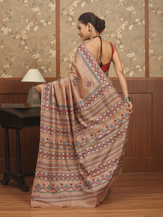 Brown and Indigo Designer Tussar Silk Saree – Geometric Ajrakh & Gujarati Embroidery