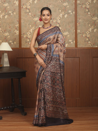 Brown and Black Designer Tussar Silk Saree – Ajrakh & Embroidery Harmony
