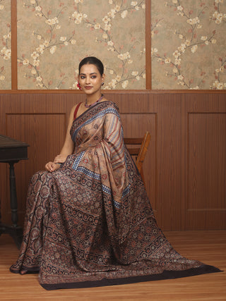 Brown and Black Designer Tussar Silk Saree – Ajrakh & Embroidery Harmony