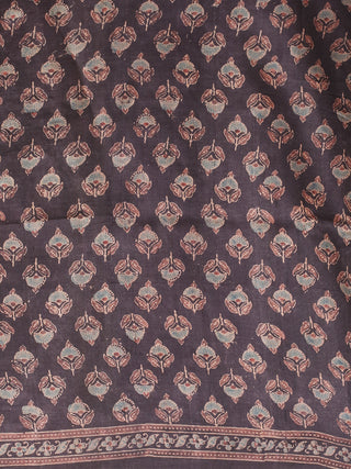 Taupe & Black Designer Tussar Silk Saree – Ajrakh & Kantha Embroidery fusion