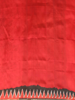Ivory, Red & Black Bishnupur Katan Batik Silk Saree with Floral Motifs