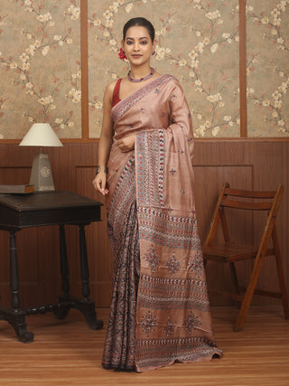 Taupe & Black Designer Tussar Silk Saree – Ajrakh & Kantha Embroidery fusion