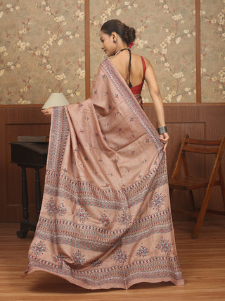 Taupe & Black Designer Tussar Silk Saree – Ajrakh & Kantha Embroidery fusion