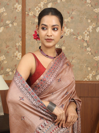 Taupe & Black Designer Tussar Silk Saree – Ajrakh & Kantha Embroidery fusion