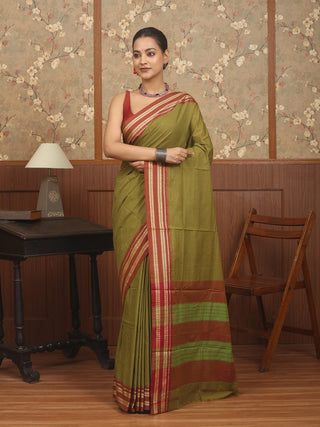 Olive Green Poona Cotton Saree with Traditional Red Border